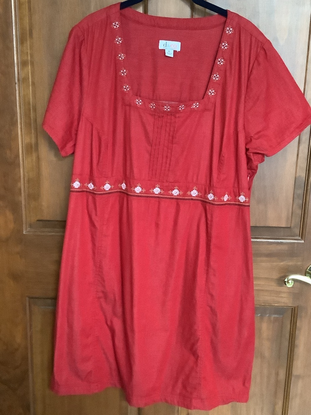 Denim&Co Red Short Sleeve Embroidered Tunic Dress